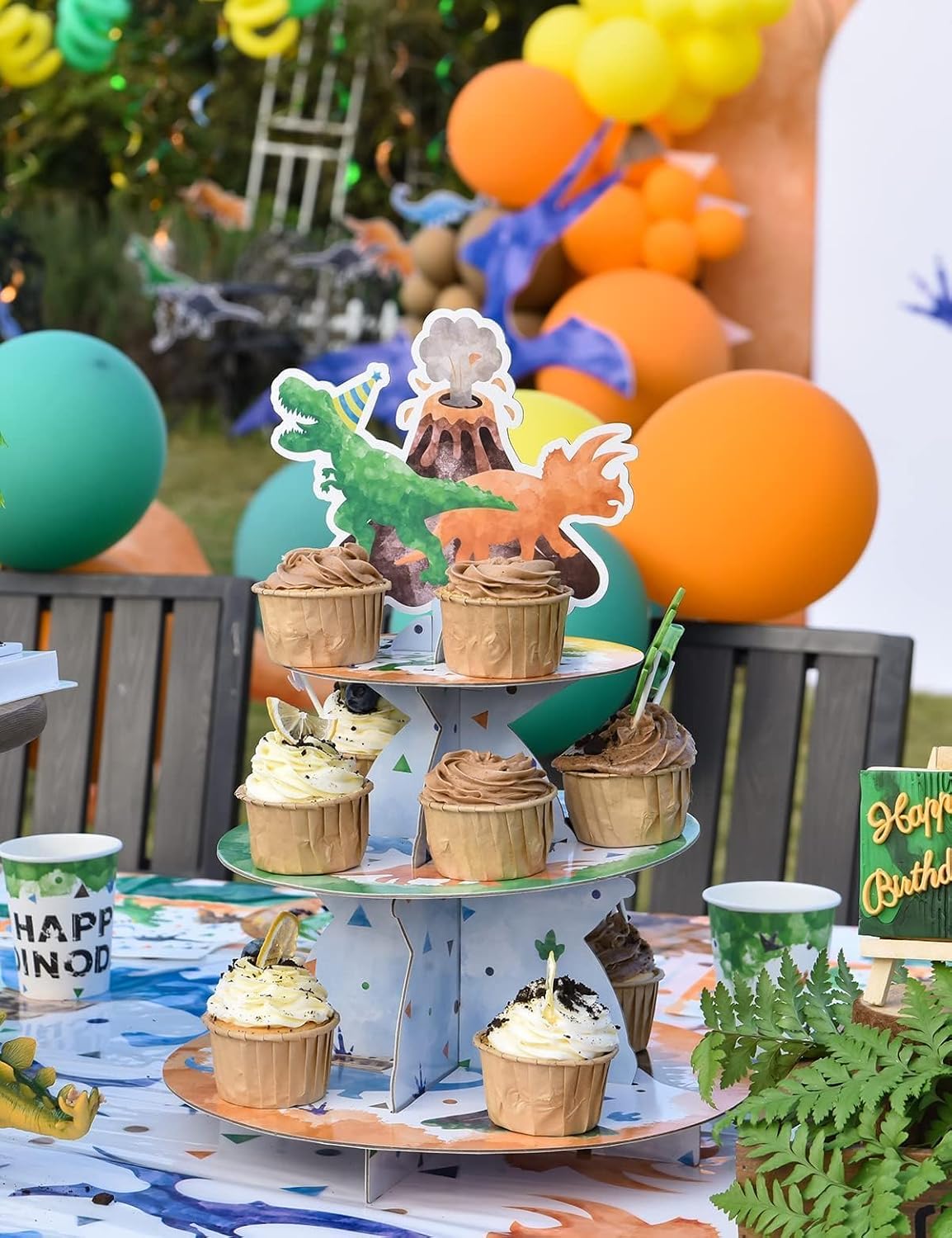 WERNNSAI 3 Tier Dinosaur Cupcake Stand - Dinosaur Birthday Party Decorations for Kids Boys Dino Cupcake Holder Round Cardboard Serving Tray Dessert Tower for Dino Birthday Baby Shower Party Supplies