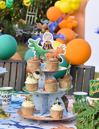 Miniatura 6 de WERNNSAI Soporte para cupcakes de dinosaurio de 3 niveles, decoración de fiesta de cumpleaños de dinosaurios para niños, soporte redondo de cartón