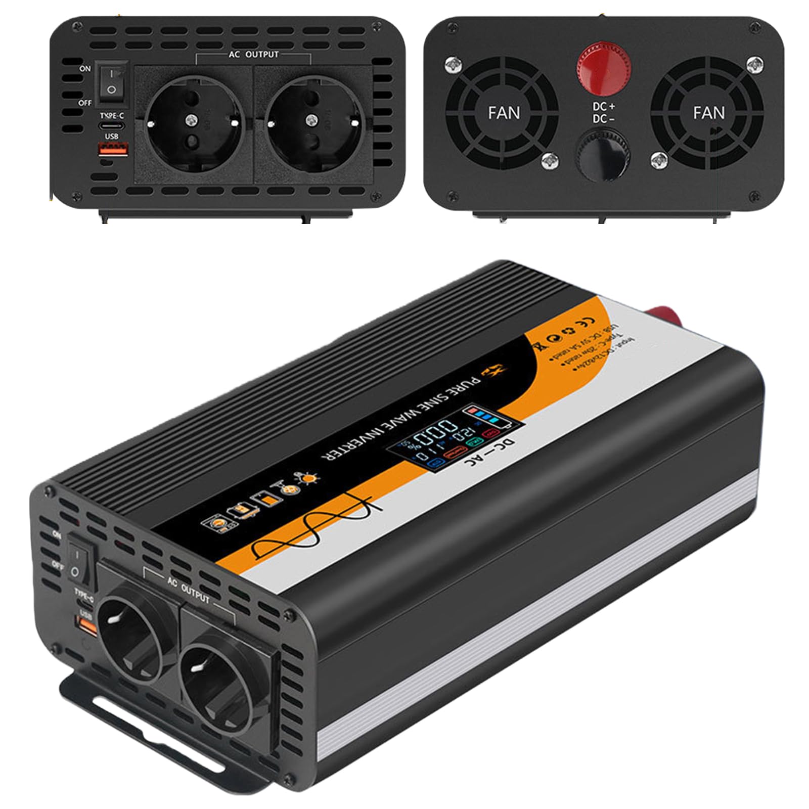 Wechselrichter Spannungswandler 24V / 12V auf AC 230V Reiner Sinus Inverter 1300W/3000W mit 2 EU Steckdosen, Type-c, USB und LCD-Anzeige Stromumwandler Adapter für Auto Kfz LKW Camping