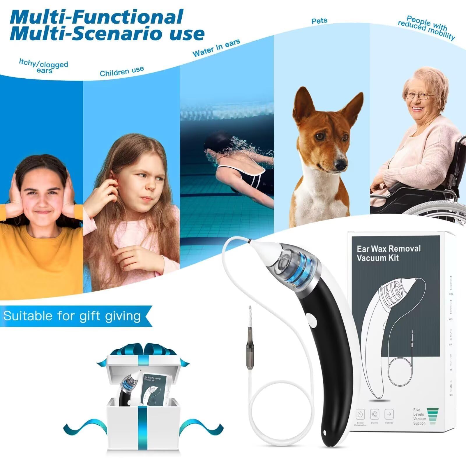 Ear Vacuum Ear Wax Removal Kit with 5 Levels Strong Suction, Reusable Electric Ear Suction Vacuum Tool for Adults and Kids (Black) — Amazon image 7