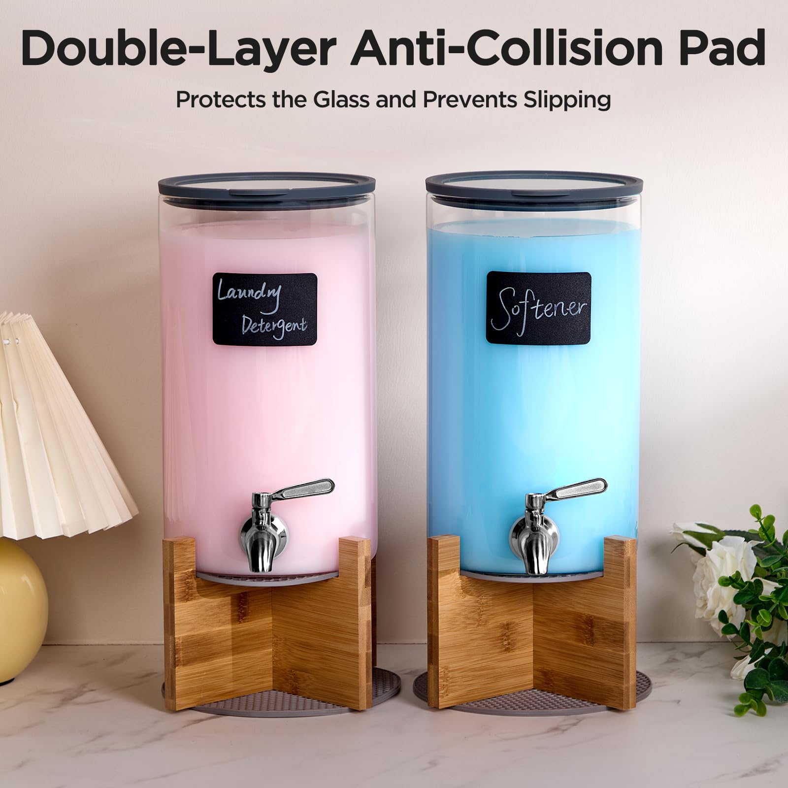 Dispensador de detergente de vidrio para lavandería, dispensador de líquido para lavandería con grifo de acero inoxidable, juego de 2 dispensadores de líquido, recipientes de vidrio para