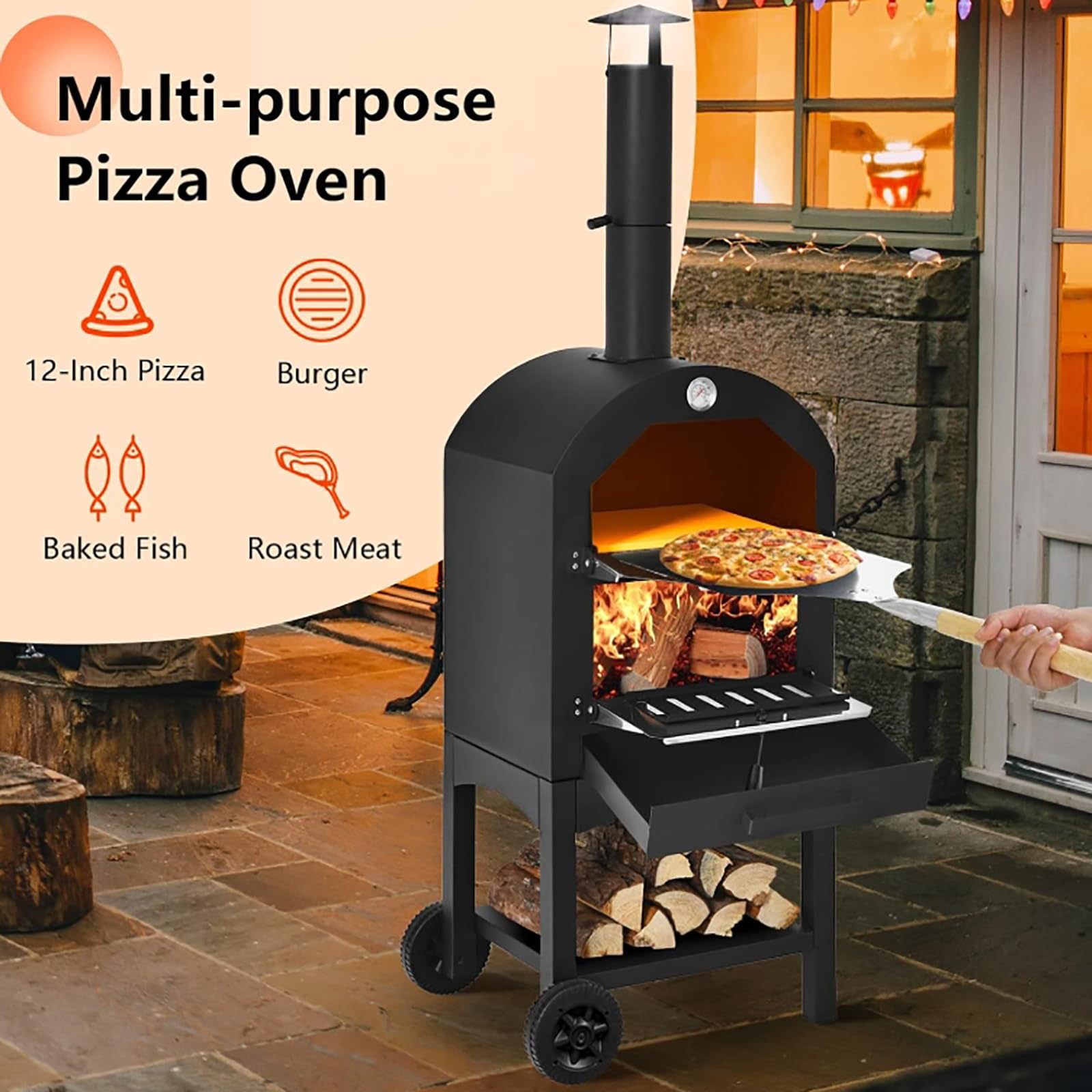 MObyat Forno per Pizza da Esterno, Forno per Pizza in Acciaio su Ruote, con Pietra refrattaria, Grill e griglia a Carbone, Ideale per Barbecue, Campeggio e Feste in Giardino