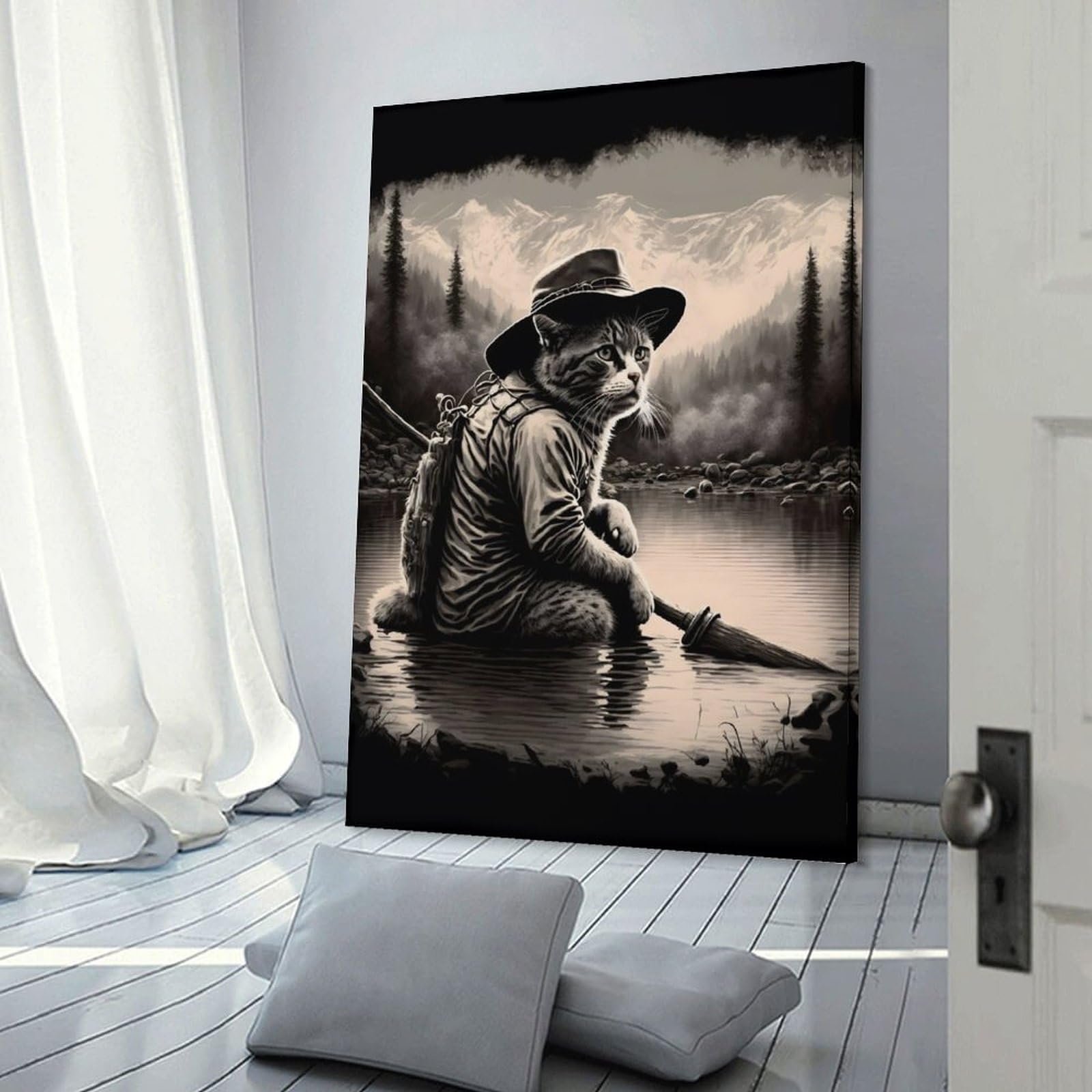 Junmoney Frame-Cat In A Lake Fishing Cat In A Lake Fishing Wall Art Print, 20X30inch(50X75cm), For Corridors, Hallways Or Apartment Entries, Wall Decor To Refresh Empty Corners