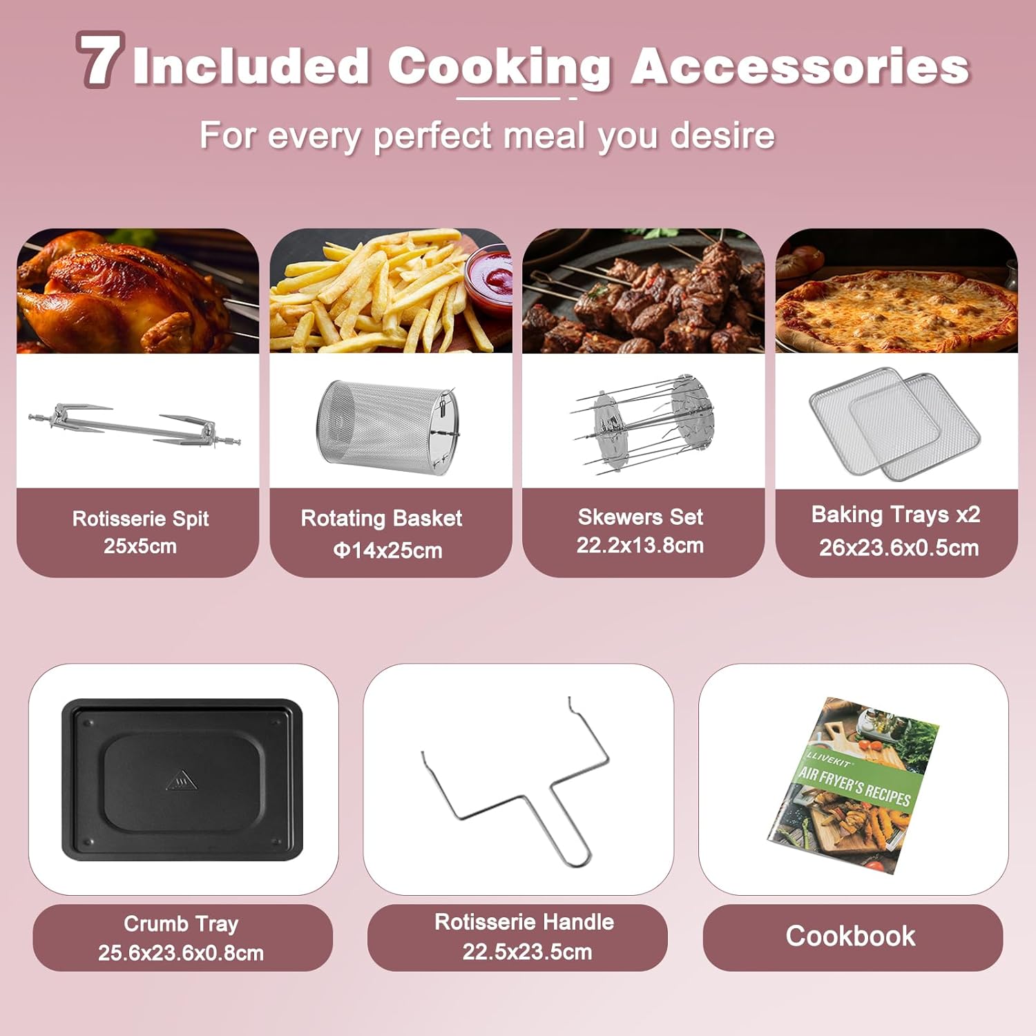 Detailed view of LLIVEKIT Air Fryer Oven accessories including rotisserie spit, rotating basket, skewers, baking trays, crumb tray, rotisserie handle, and cookbook.