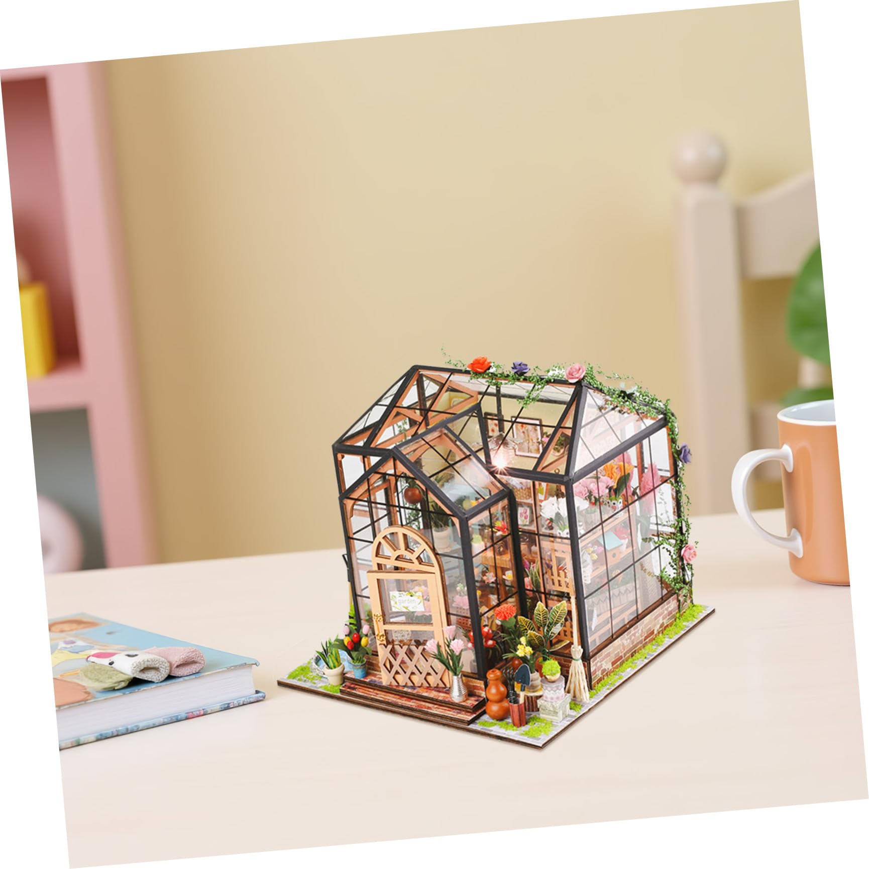 UKCOCO Kit de Manualidades para Casa de Flores en Miniatura, Modelo de Invernadero de Construcción 3D, Madera y Acrílico, Varios Accesorios, para Coleccionistas y Niñas, Decoración