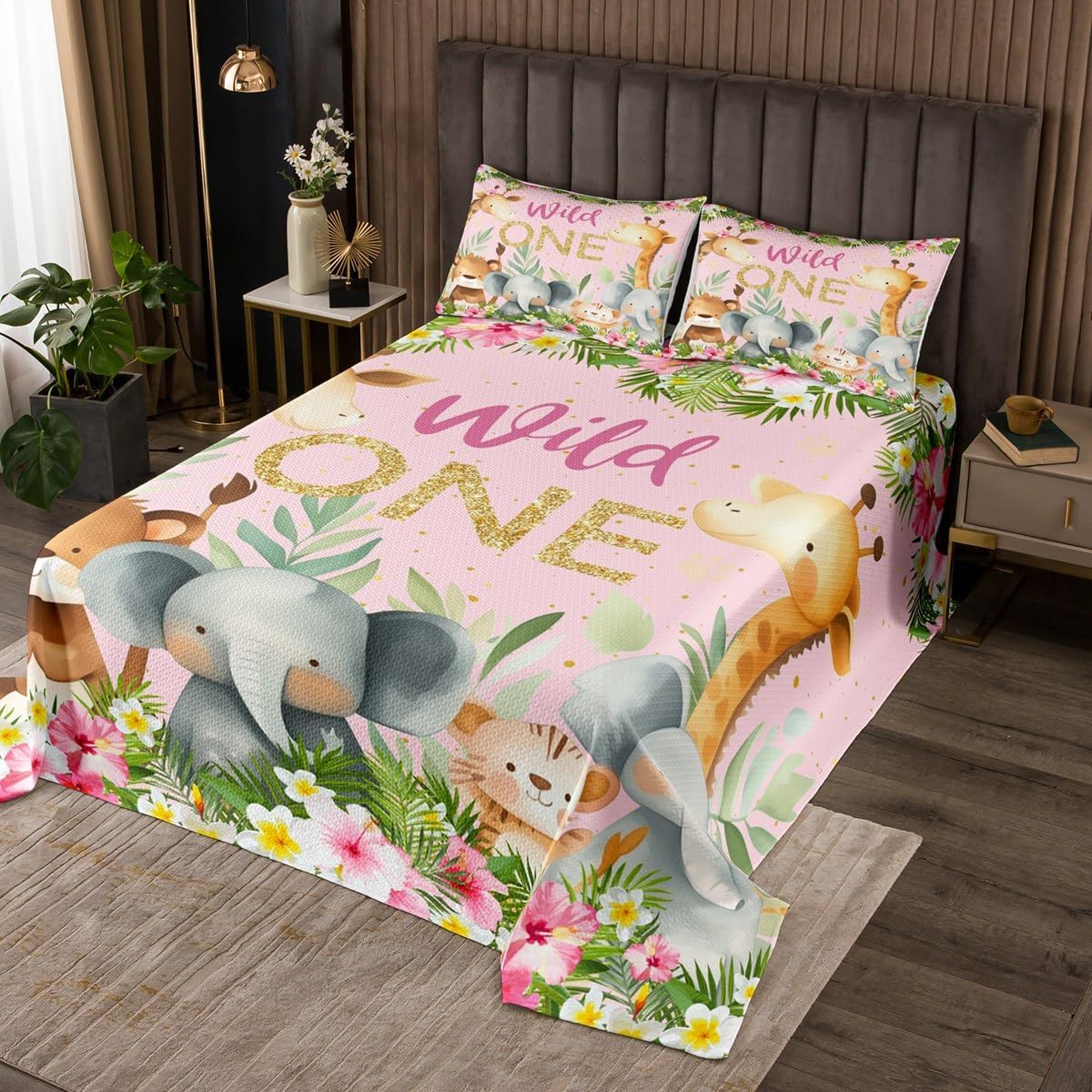 Erosebridal Highland Cow Theme Coverlet Set Twin Size Wildlife Safari Bedspread for Kids Boys Girls Wooden Plank Rose Nature Rustic Funny Animal Brown Cowboy Quilted