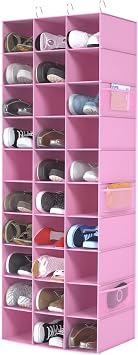 30 Section Hanging Shoe Organizer for Closet, Pink | Hanging Closet Organizer and Storage for Wardrobe, Dorm, Bedroom, Space Saving Foldable Clothes Shelf with Sturdy Hooks