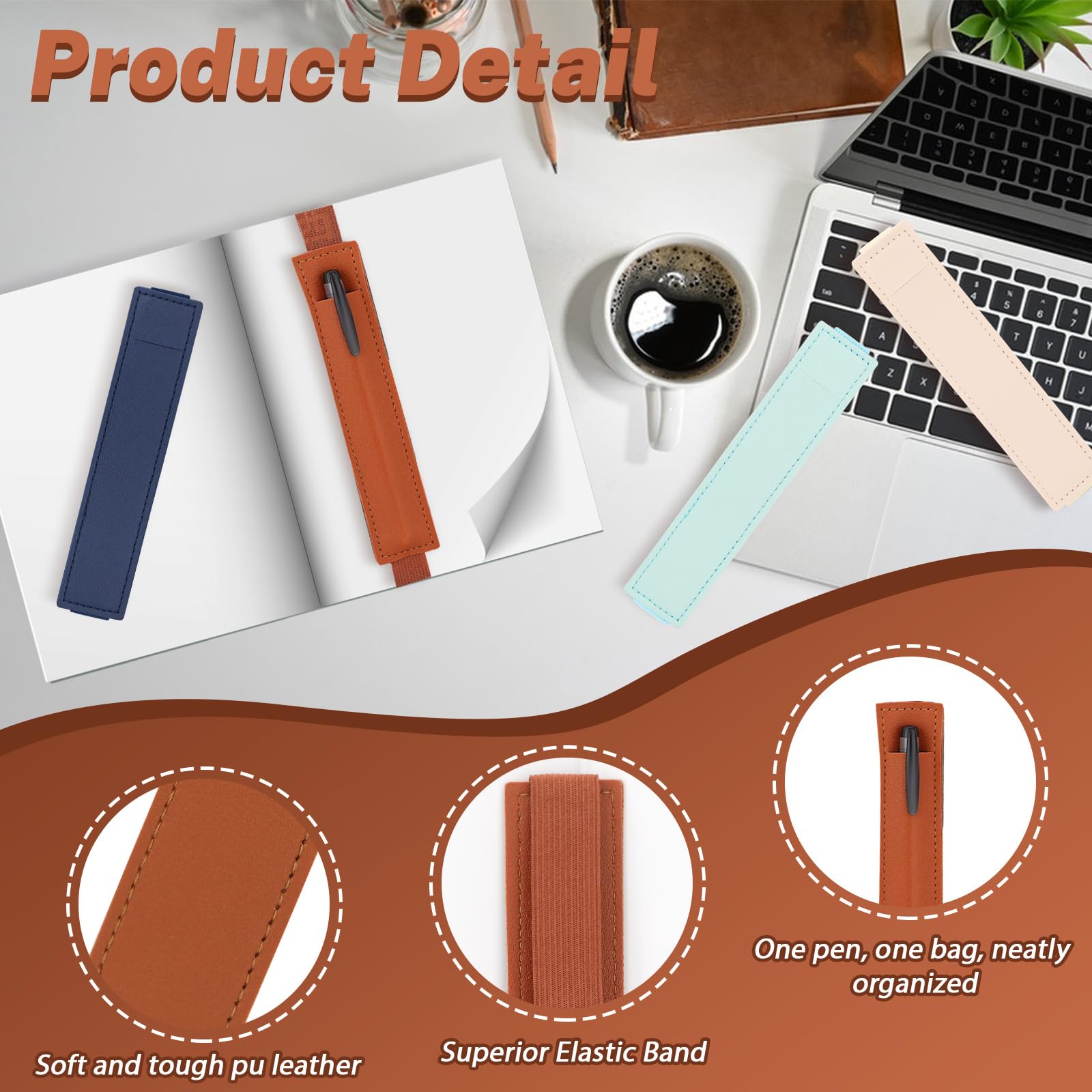 Roucerlin 12 Pieces Elastic Pen Holder for Notebook Adjustable Band PU Leather Pen Sleeve - Image 3