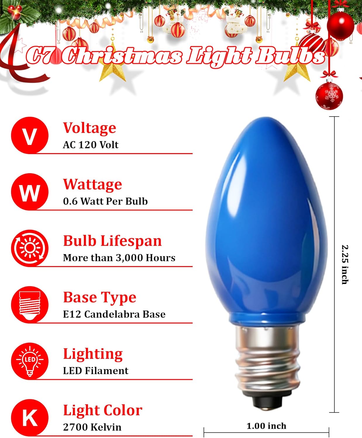 C7 LED Christmas Light Bulbs, 25 Pack Blue Replacement Bulbs, Shatterproof Blue LED Light Bulbs for C7 Christmas String Lights, E12 Candelabra Base, 0.6 Watts