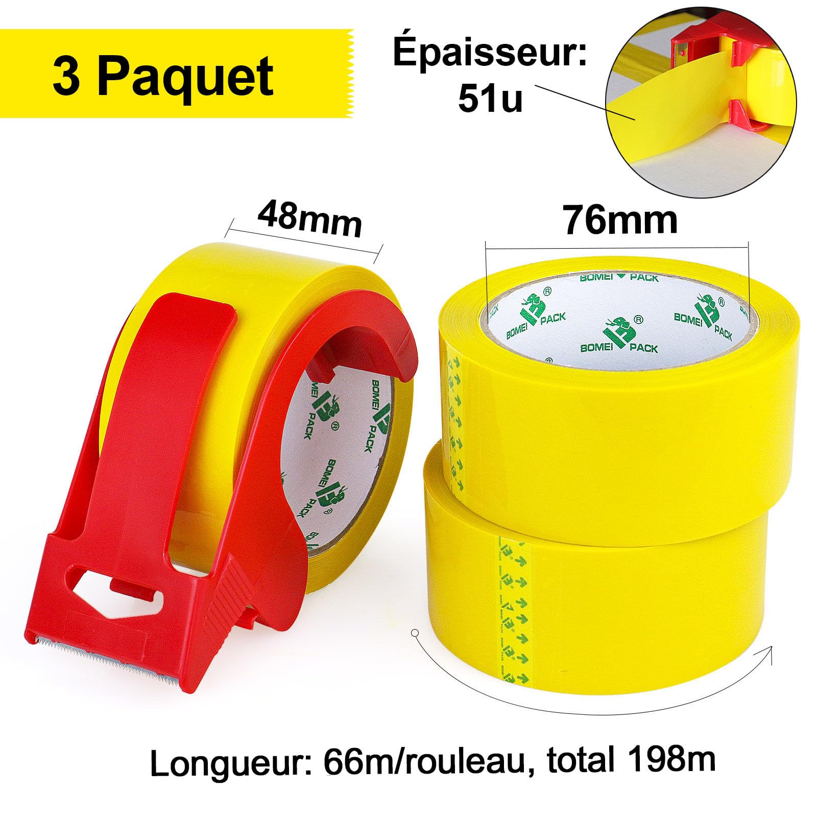 BOMEI PACK Ruban d’emballage 66m x 48mm 3 rouleaux avec dévidoir adhésif fort Jaune