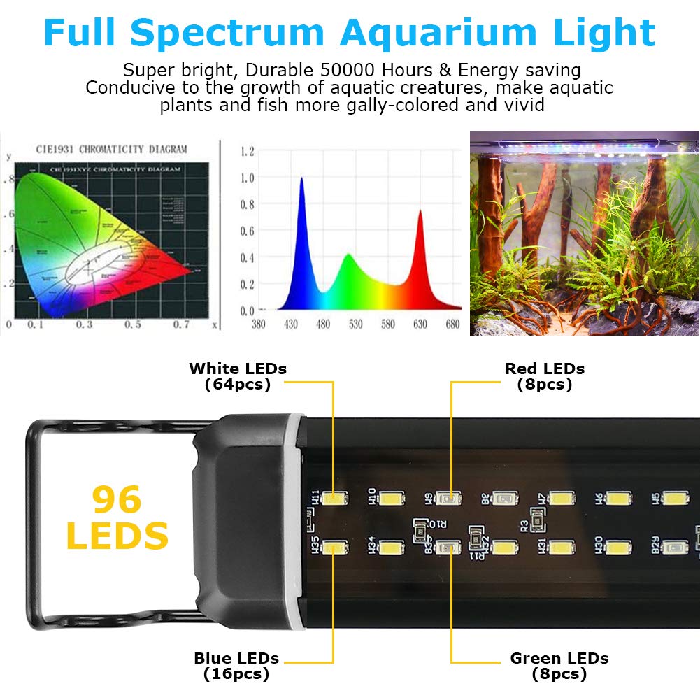 Oświetlenie LED do akwarium, lampa [pełne spektrum, czerwone, zielone, niebieskie, białe] z timerem, 10 poziomów jasności, ściemnianie, IP66, wodoszczelna