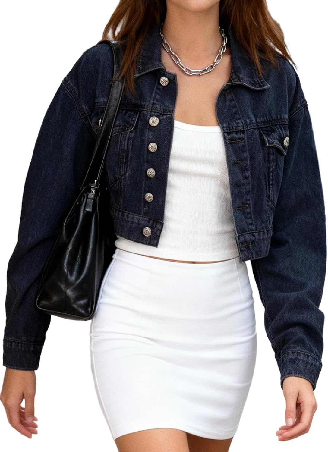 EMMIOL Cropped Denim Jacket for Women Vintage, Oversized Jean Jacket Distressed Dark Wash, Baggy Short Coat - Image 5