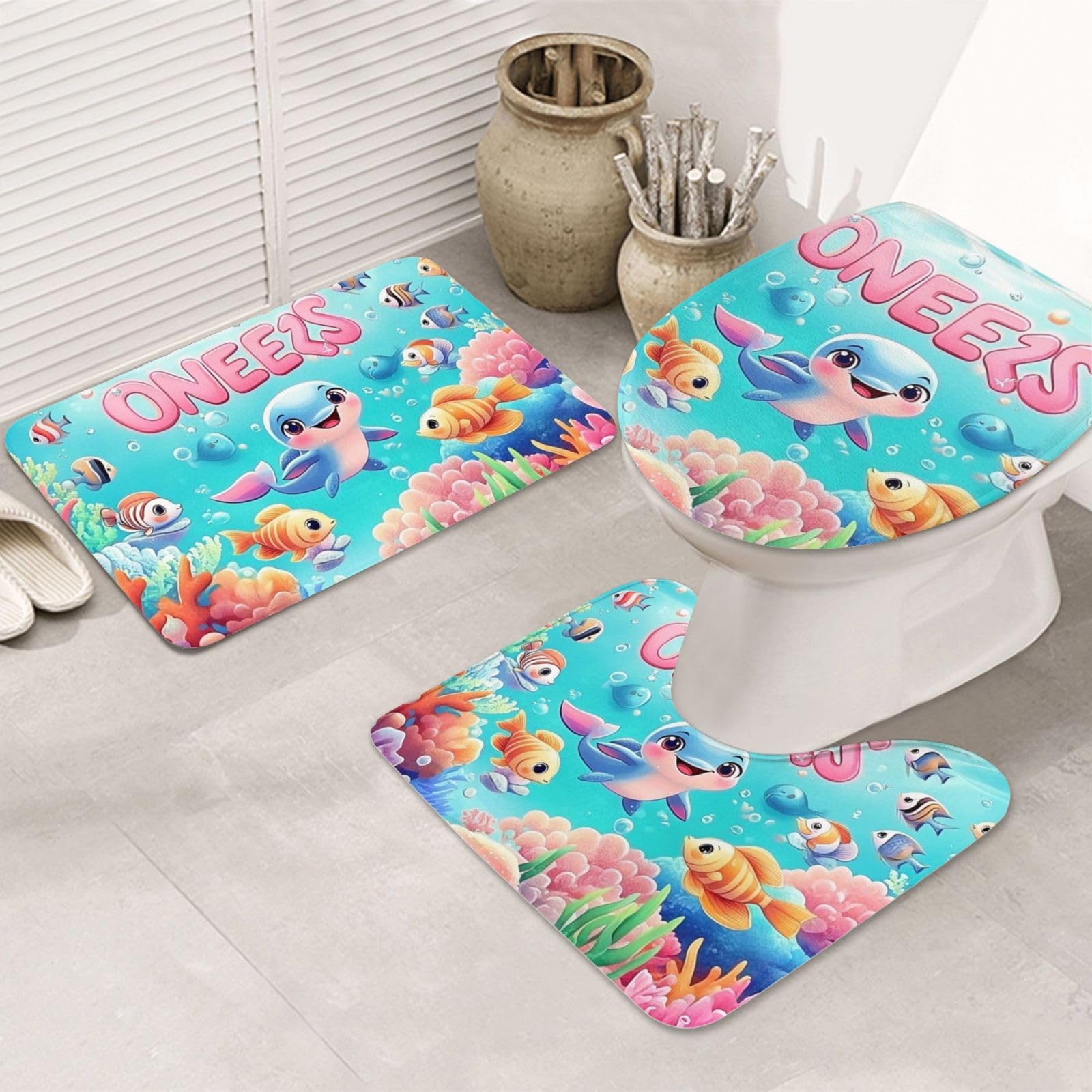 Juego de 3 alfombras de baño de océano lavables y con base antideslizante