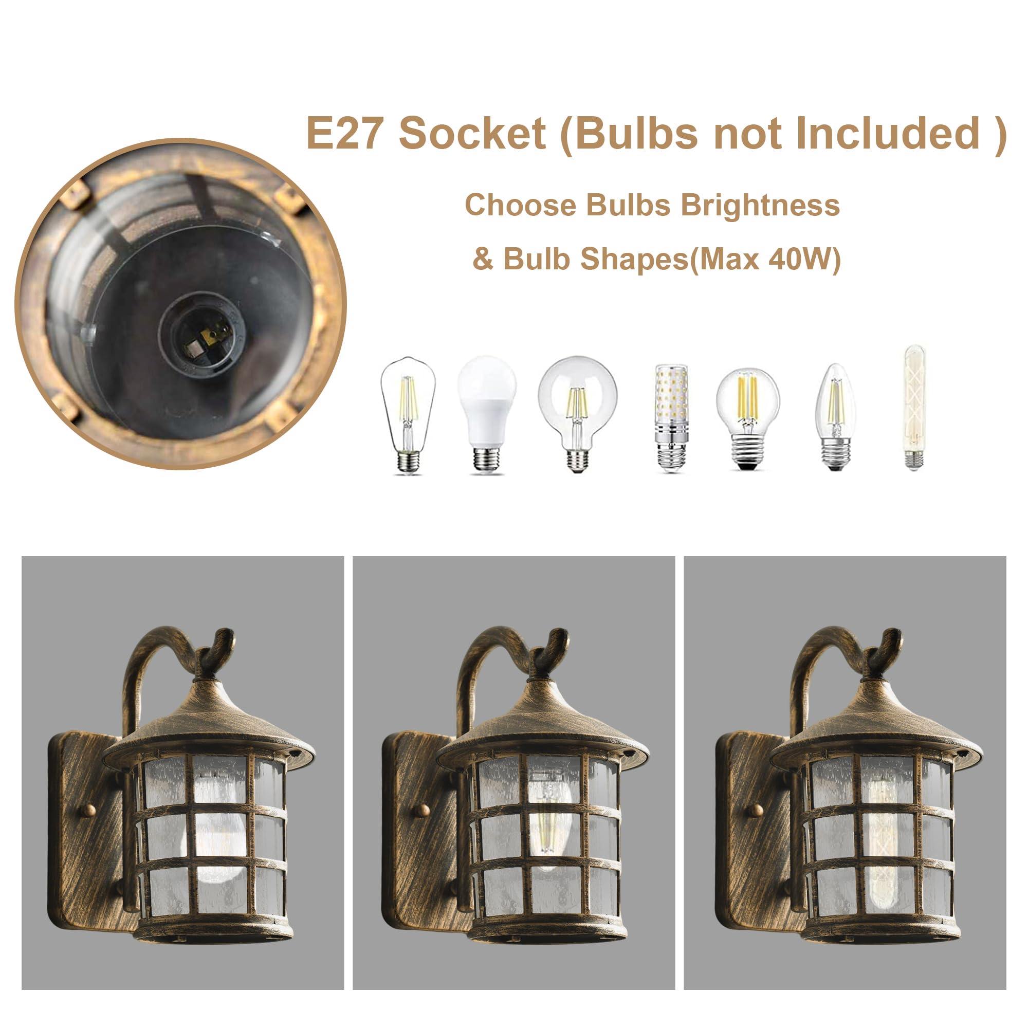 Applique da Esterno Vintage E27 IP44 Alluminio, Marrone | Lampada con Paralume in Vetro Impermeabile IP44, Attacco E27, senza Lampadina, Lanterna per Giardino Terrazza Balcone Parete