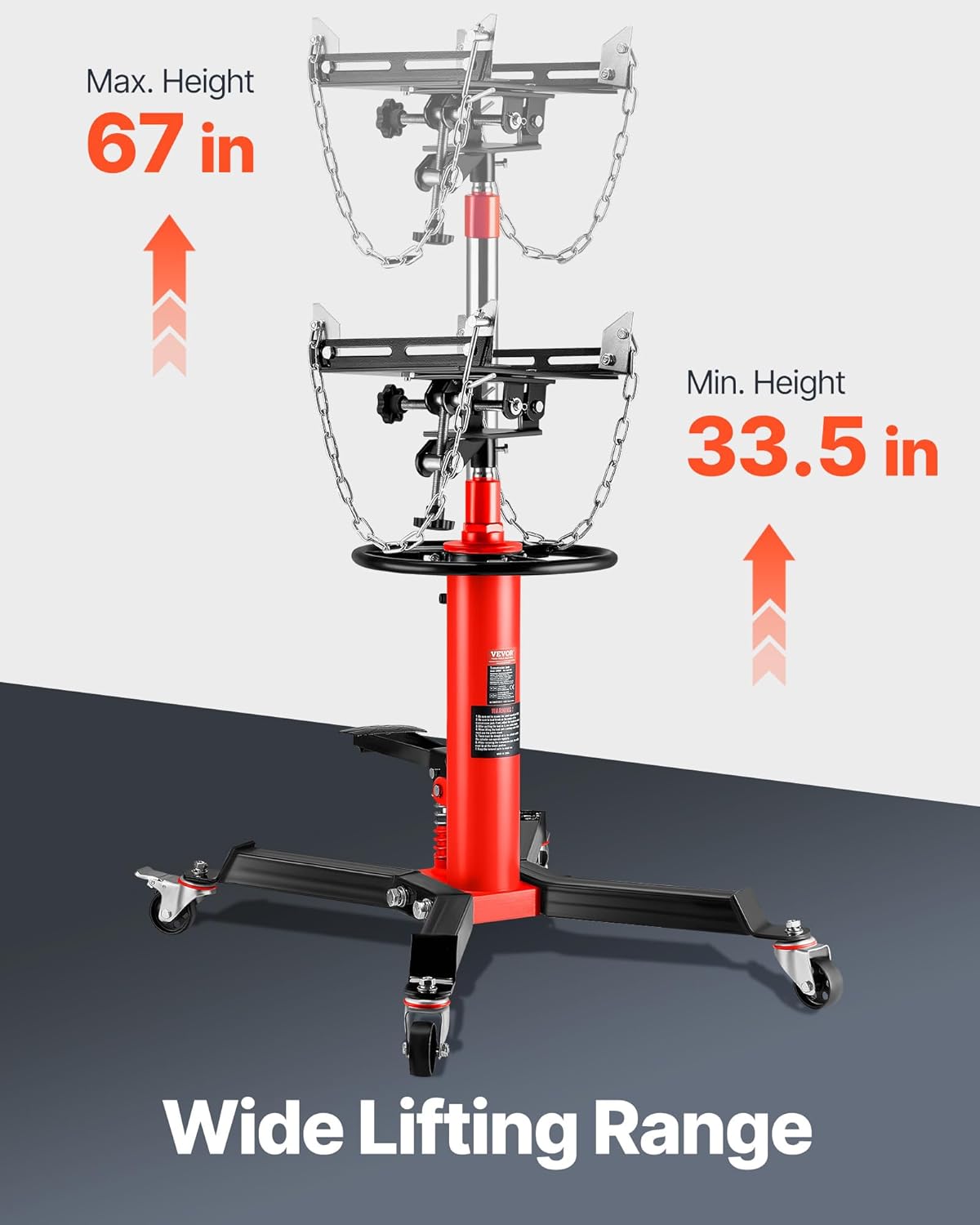 VEVOR Transmission Jack,0.75 Ton/1660 lbs Capacity Hydraulic Telescopic Transmission Jack, 2-Stage Floor Jack Stand with Foot Pedal, 360° Swivel Wheel, Garage/Shop Lift Hoist, Red