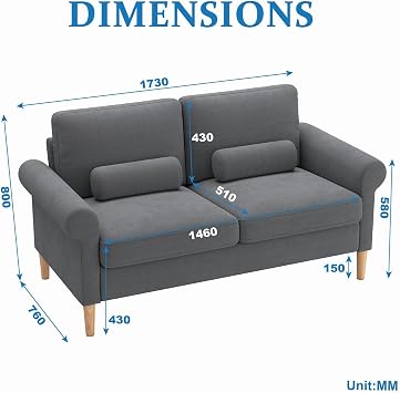 3 Seater Sofa, Corduroy Fabric, Lumbar Cushions, Wood Legs, Grey