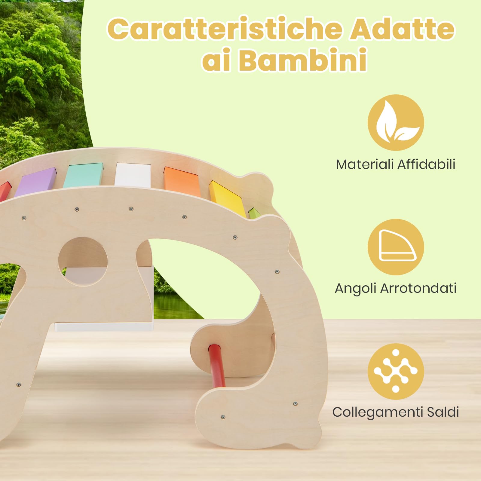 GYMAX 2 in 1 Arco a Dondolo per Bambini, Set Arrampicata Montessori e Cavallo a Dondolo in Legno con Schienale e Sedile, Giostra Interna in Palestra per Giochi Didattici, Regalo per Ragazzi 1+ Anni