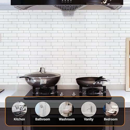 Miniatura 3 de WOWSTAR - 10 hojas de azulejos blancos para salpicaduras de cocina que se despegan y pegan, azulejos adhesivos de aspecto mármol para cocina, 30,5 x