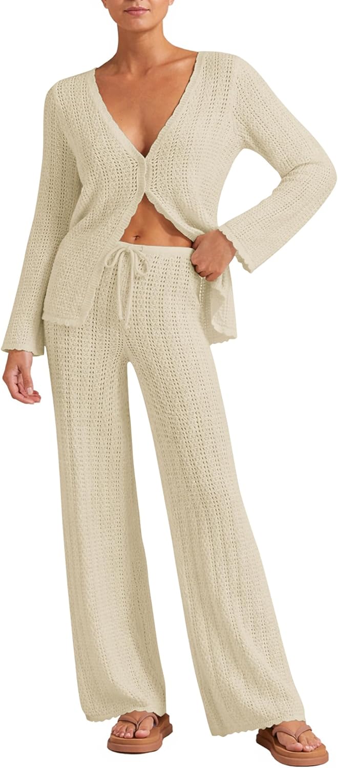 Womens Beach Cover Up Sets 2 Piece Crochet Long Sleeve Button Cardigan Top and Pants Vacation Resort Outfits