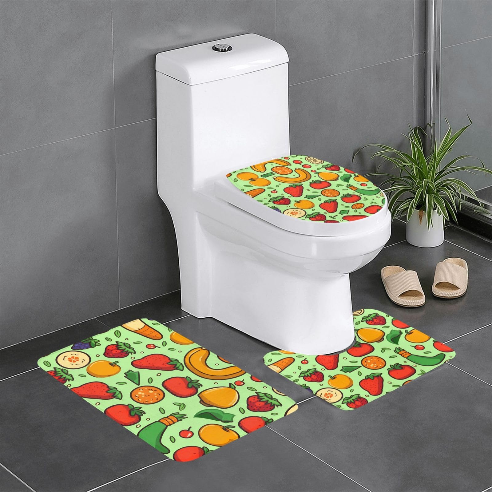Tapis de salle de bain lot de 3 imprimés fruits et légumes 61x40cm lavables et antidérapants