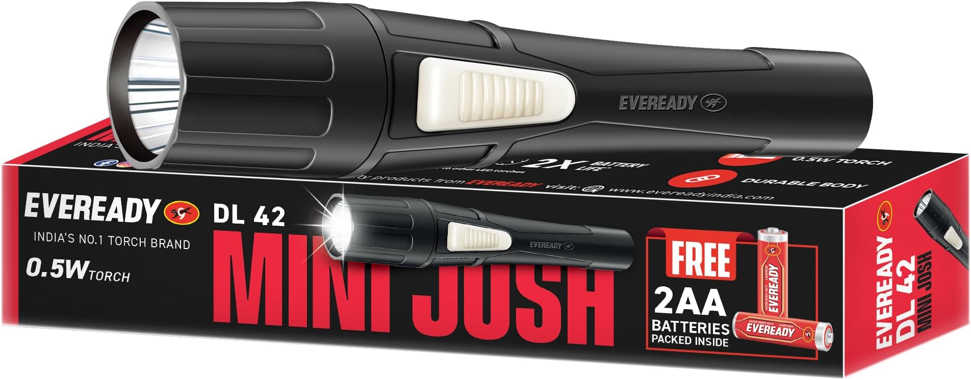 DL42 Mini Josh, 0.5W Emergency Torch | Eco-Friendly Plastic Body, Bright White LED Torch, Free 2 AA Batteries Packed Inside
