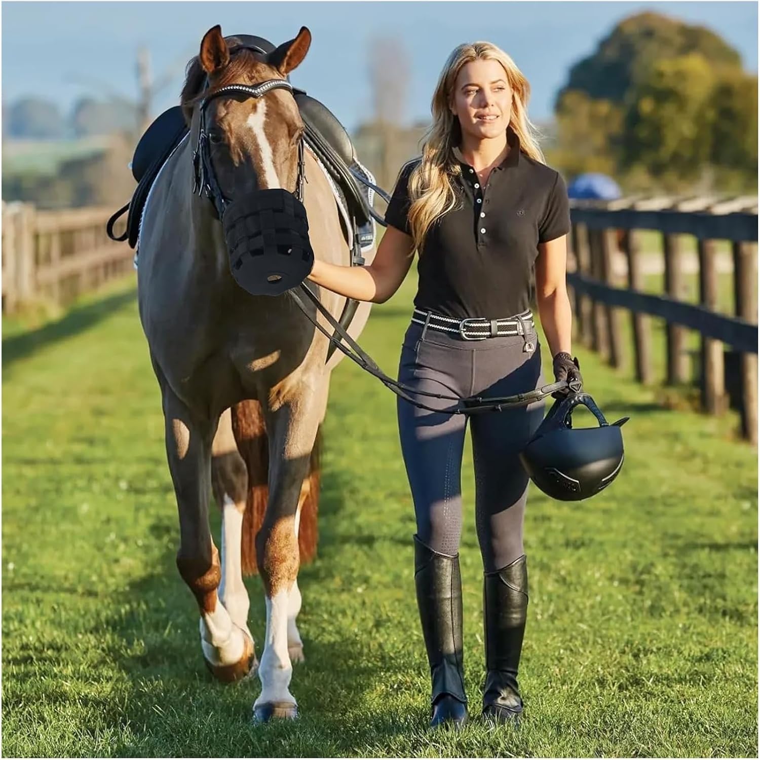 Horse Glazing Muzzle with Halter, Lightweight Chewing(Black M)