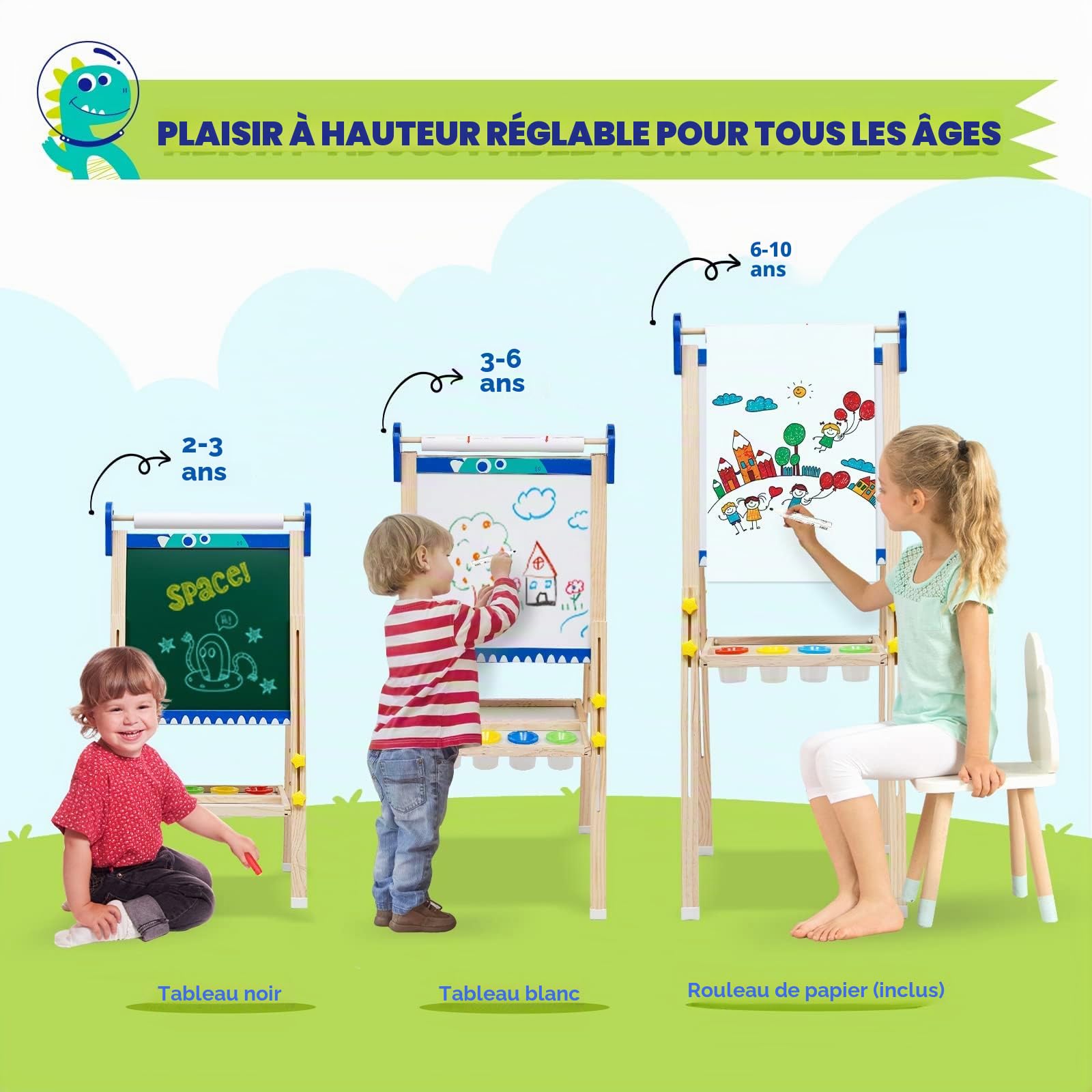 Chevalet Peinture Enfant,Tableau de Dessin Double Faces en Bois Pliable,Chevalet d'art Réglable en Hauteur avec Chiffres, Volutes et Autres Accessoires,Convient Enfant 2+ Ans(Dinosaure)