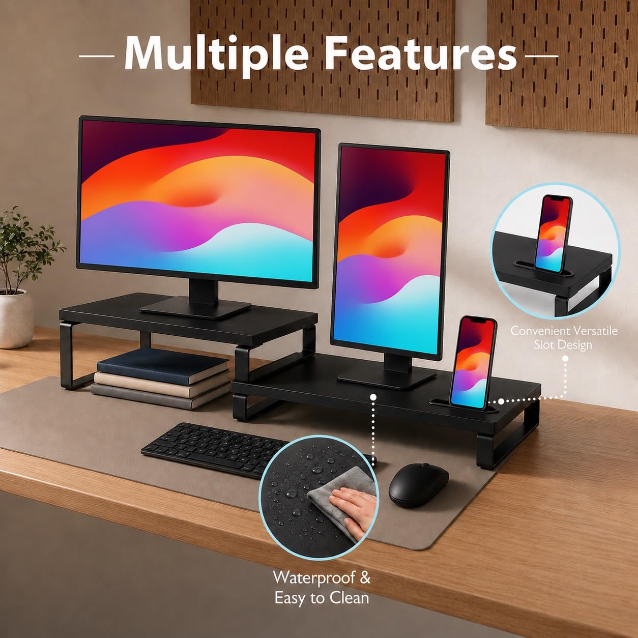 Supporto per doppio monitor, lunghezza e angolazione regolabili, organizer da scrivania ergonomico con supporto per smartphone e cuscinetti antiscivolo, carico 50 kg, supporto per monitor in
