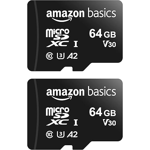 Amazon Basics MicroSDXC UHS-I Class 10 Memory Card with Full Size Adapter, A2, U3, V30, 4K, Read Speed up to 100 MB/s, 64 GB (2pack), for GoPro Cameras Storage, Black