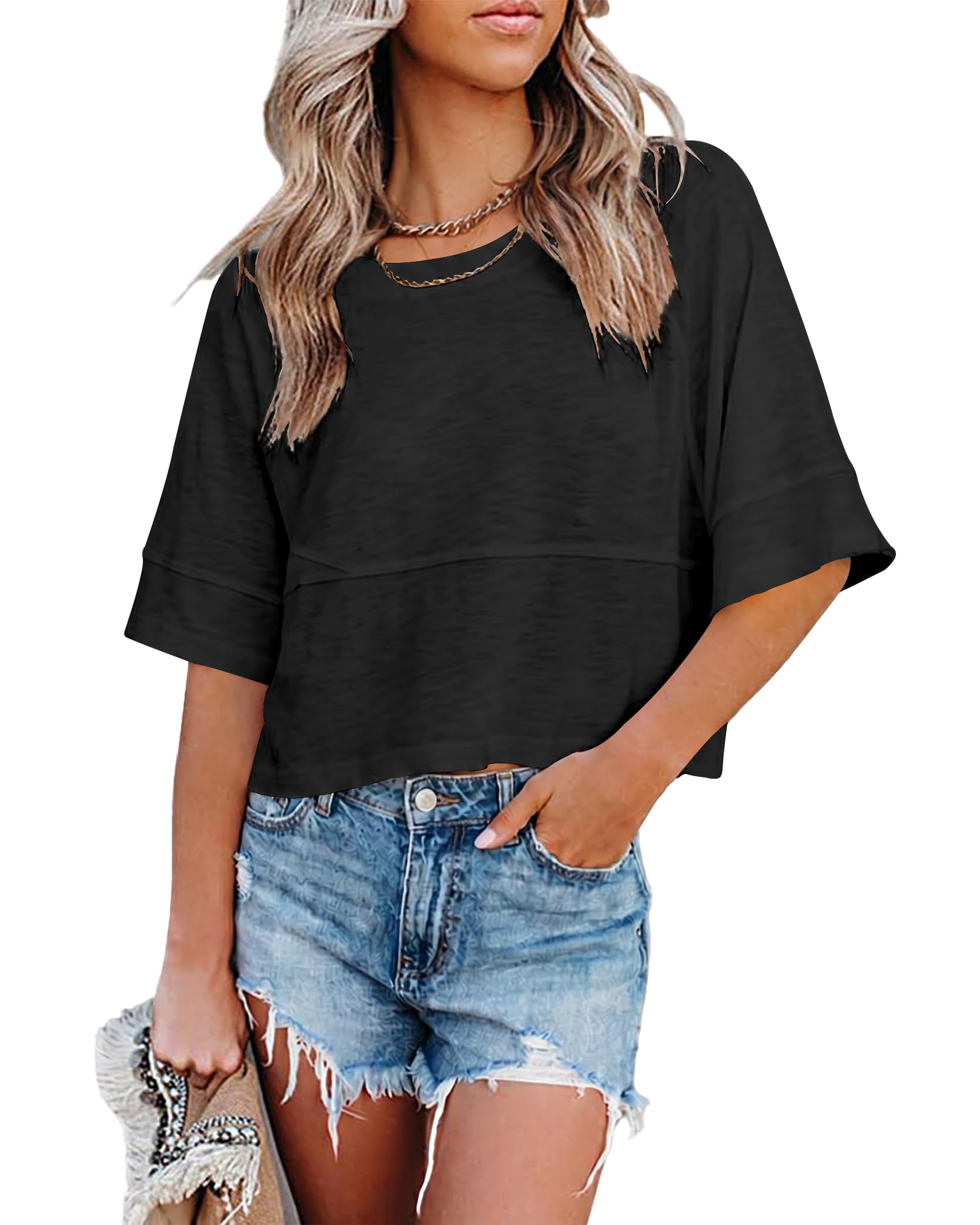 DUOEASE Tshirt Damen Rundhals Locker Crop Top Basic Casual Tee Shirts Einfarbig Sommer Kurzarm Oberteile