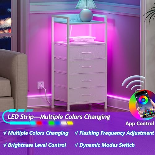 Miniatura 4 de Furnulem Mesita de noche blanca con 4 cajones de almacenamiento, cómoda alta para dormitorio con luz LED y estación de carga, mesa auxiliar para