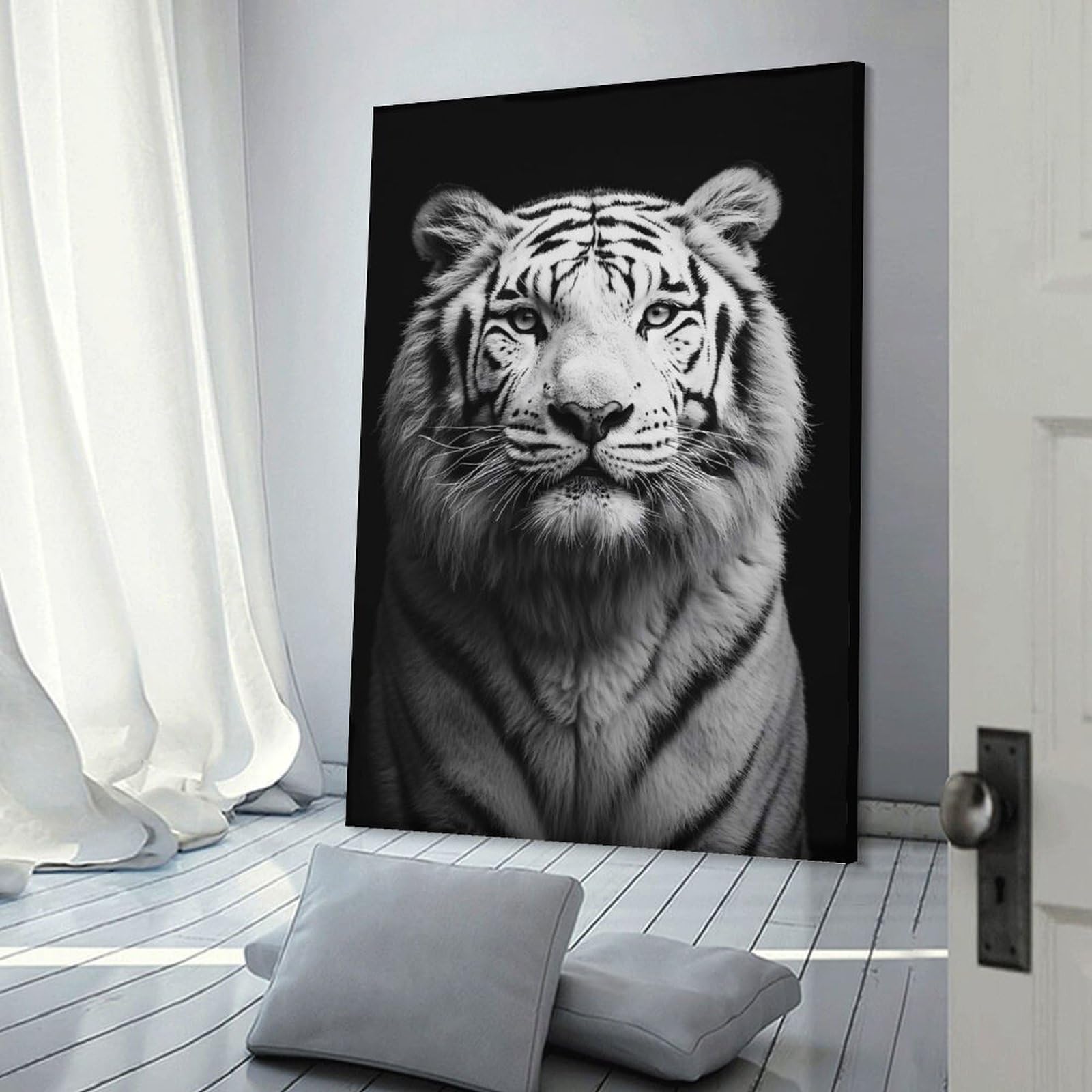 Junmoney Monochrome Tiger Portrait Hanging Wall Art 12x18inch(30x45cm), for Study, Office Or Focused Interiors, Wall Art That Adds Style to Work Areas