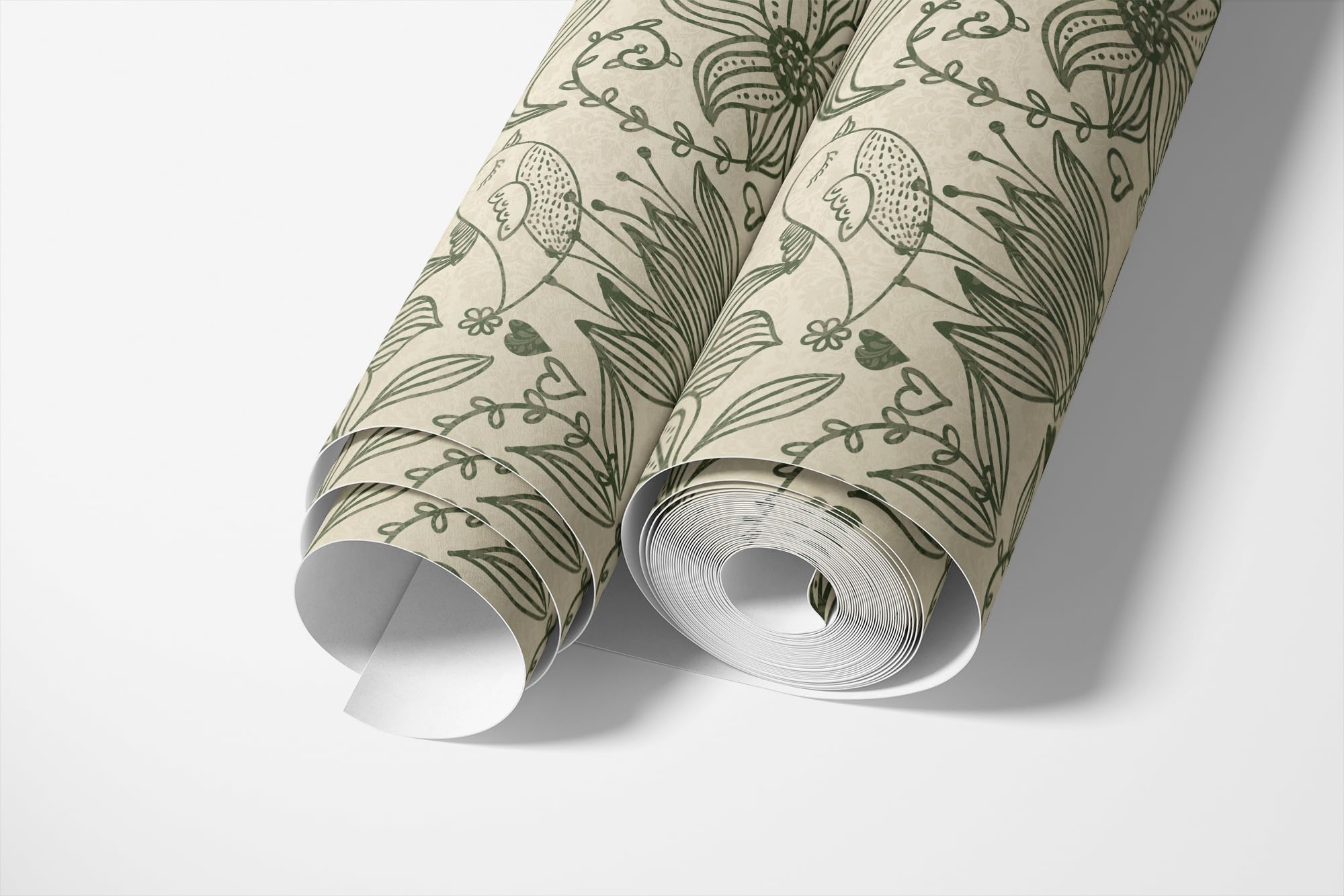 Tapeta samoprzylepna folia meblowa kwiaty ptaki wzór kwiatowy vintage | Tapeta z kwiatowym motywem ptaków w stylu vintage nowoczesny design motyw natury beżowo-zielony skandynawski do salonu