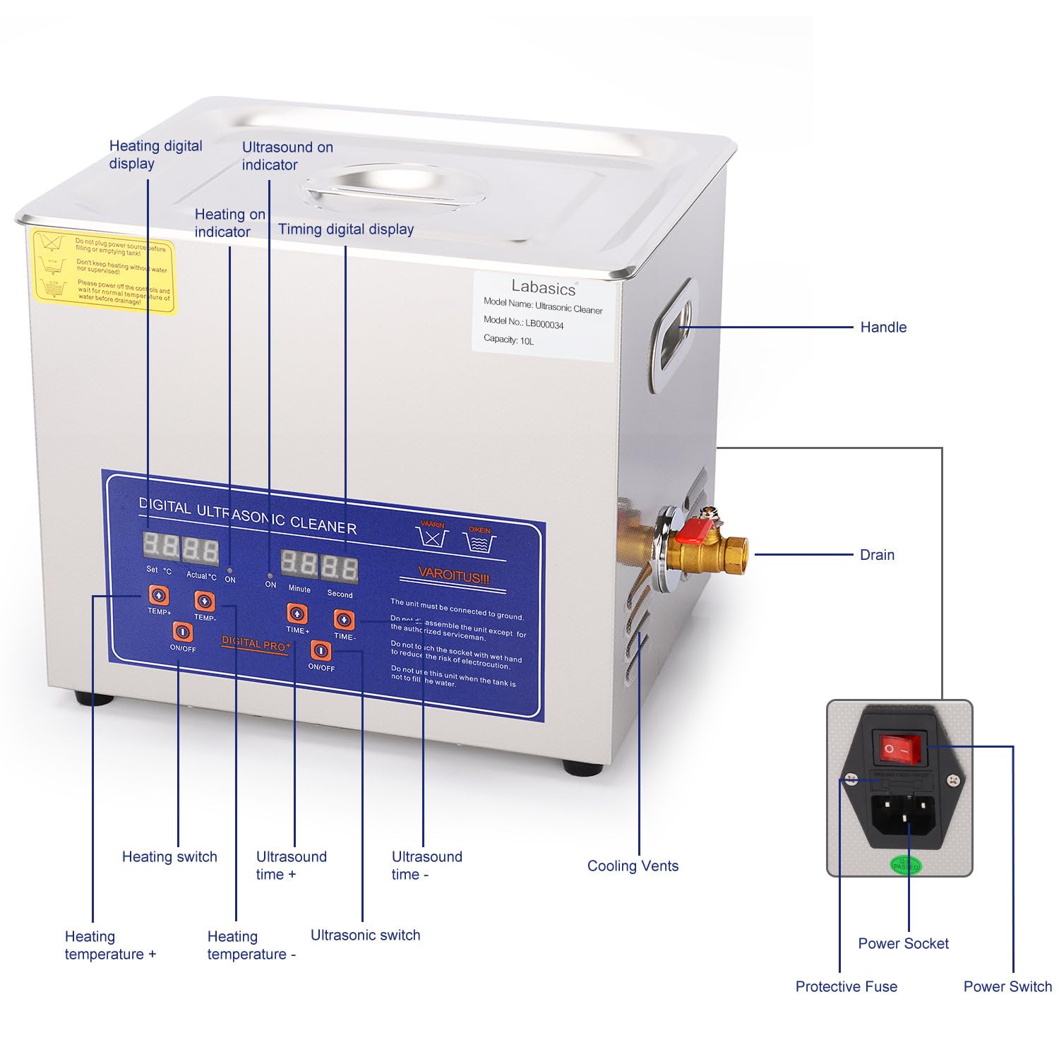 Labasics Pulitore ad Ultrasuoni, Pulitore ad Ultrasuoni Acciaio Inox Professionale Multiuso con Timer Display Digitale e Controllo del Calore per Laboratorio 220V, 10L
