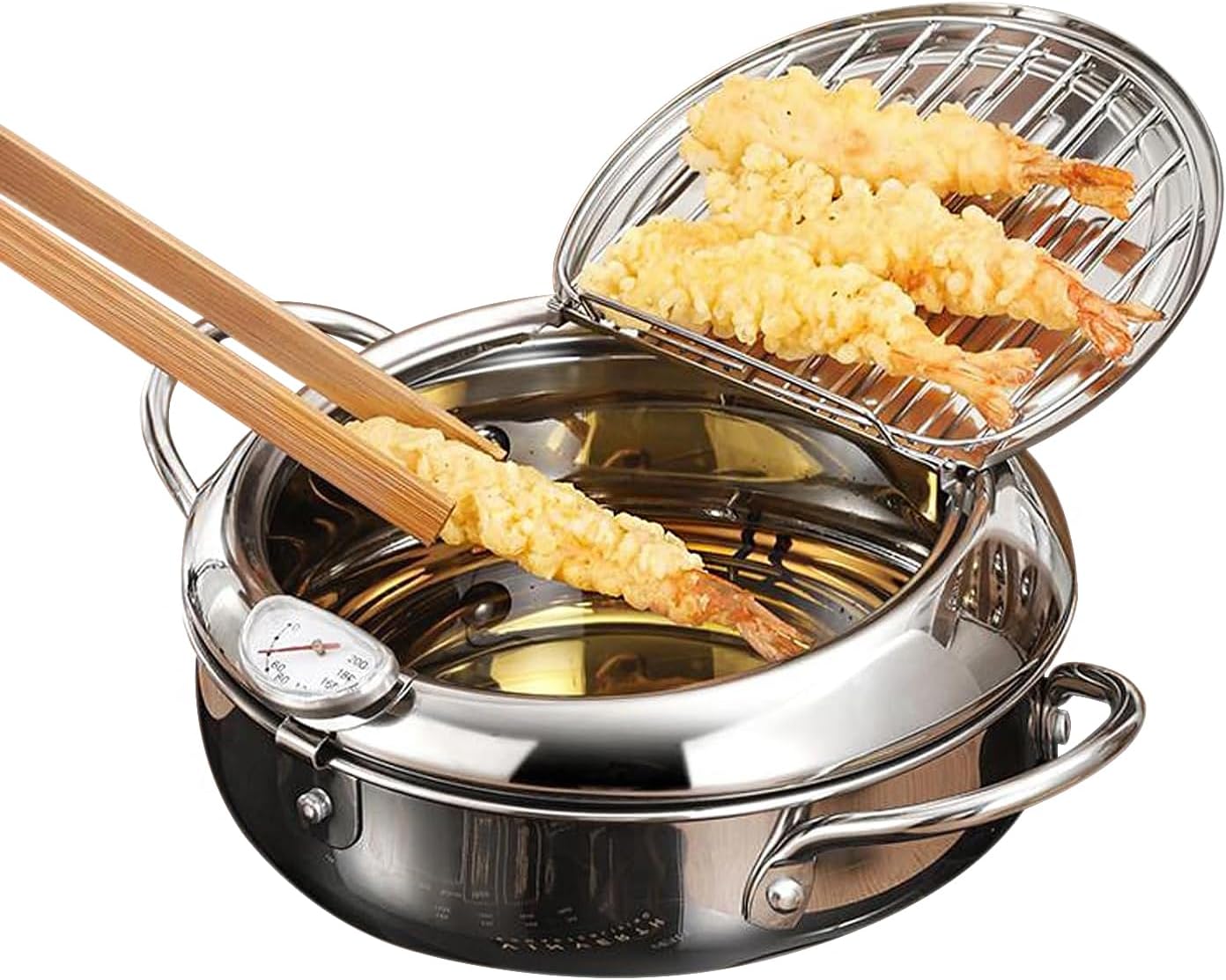 4.2L Japanese Tempura Deep Fryer Pot, 304 Stainless Steel Deep Fryer Pot with Thermometer, Oil Drip Drain Rack and Lid for Home Use, Thickened Deep Frying Pan for French Fries Chicken Nuggets Shrimp