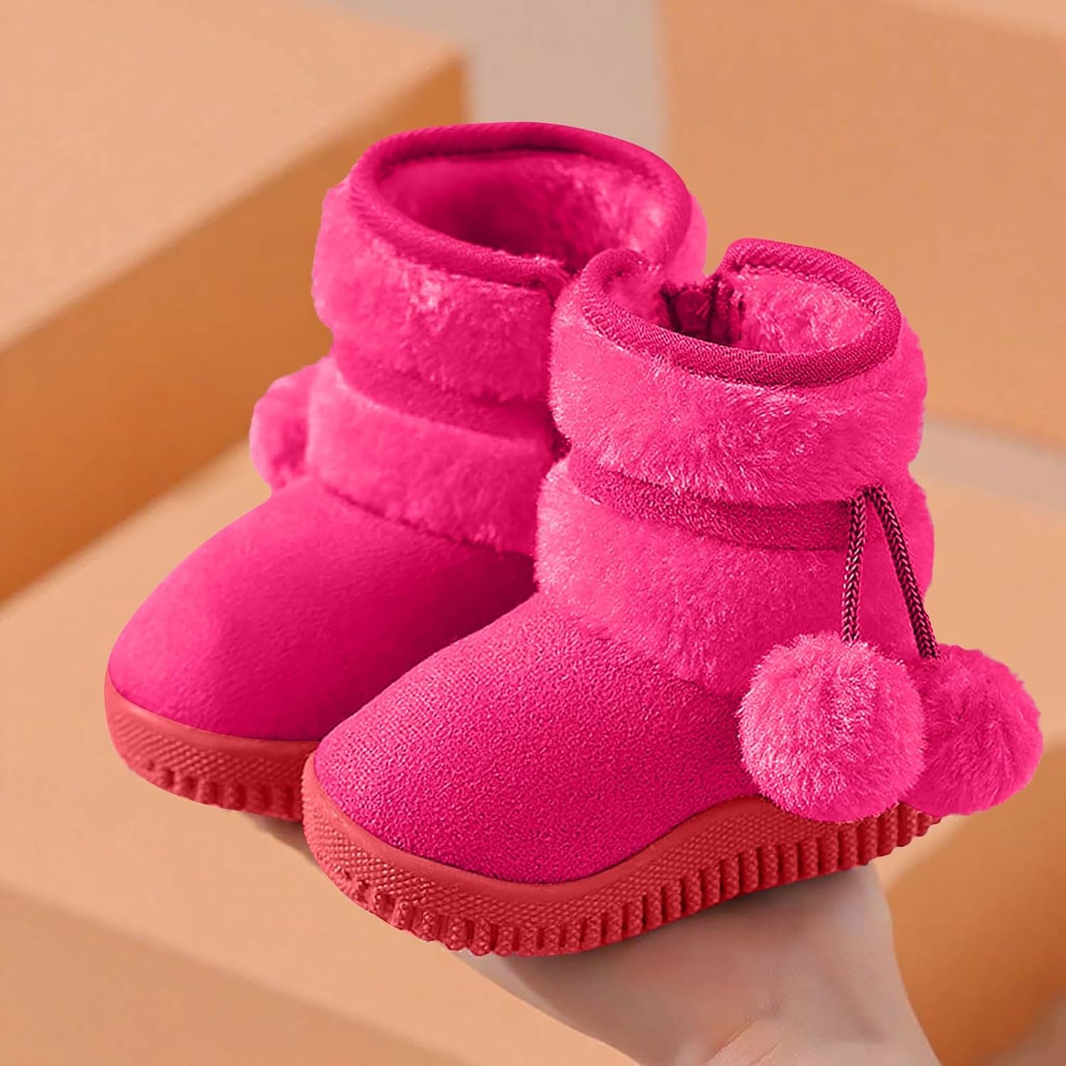 Toddler Girl Thermal Hiking Boots Pom Pom Embellished Cute Shoe Side Zipper Fleece Lined Booties Keep Warm Boot
