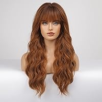 Vista 146 de HAIRCUBE Peluca de color marrón a rubio con flequillo para mujer, peluca de cabello largo ondulado marrón y rubio, pelucas sintéticas rizadas