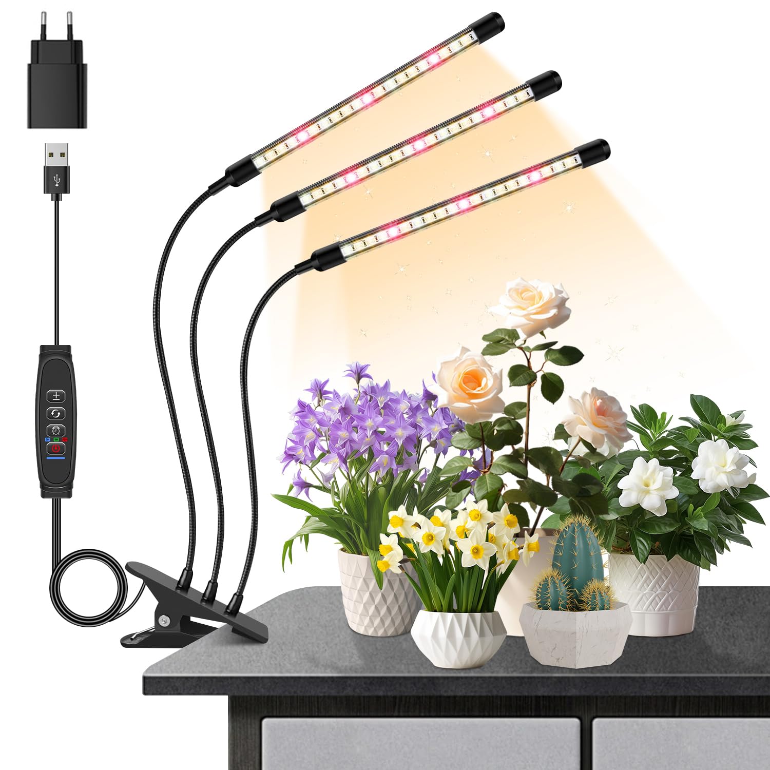 Luci per piante a 3 teste, luce di crescita per piante da interno, lampada di crescita a spettro completo con clip, timer di accensione e spegnimento automatico 3/9/12H, 3 modalità di commutazione