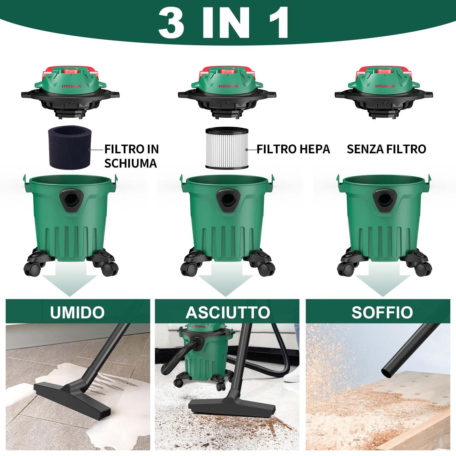 HYCHIKA Aspirador en Seco y Húmedo, 3 in 1 Aspiradora Industrial de 1000W, Lava-aspiradora 12L de Agua con Filtro, para Limpieza Interior y Exterior