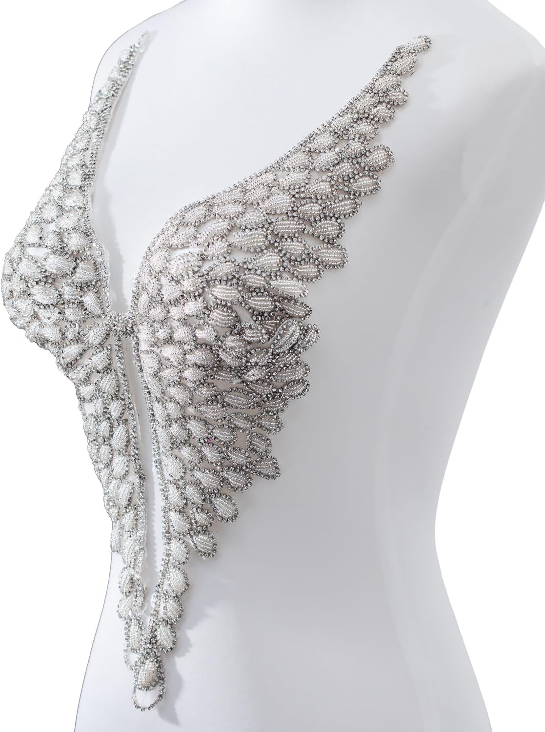Handmade DIY Rhinestones Wings Applique Embellishments,Sewing Sequin Glass Beads Stones Crystal Trim Patches for Bodice,Jacket,Dress,Clothing Accessories Decoration (White)