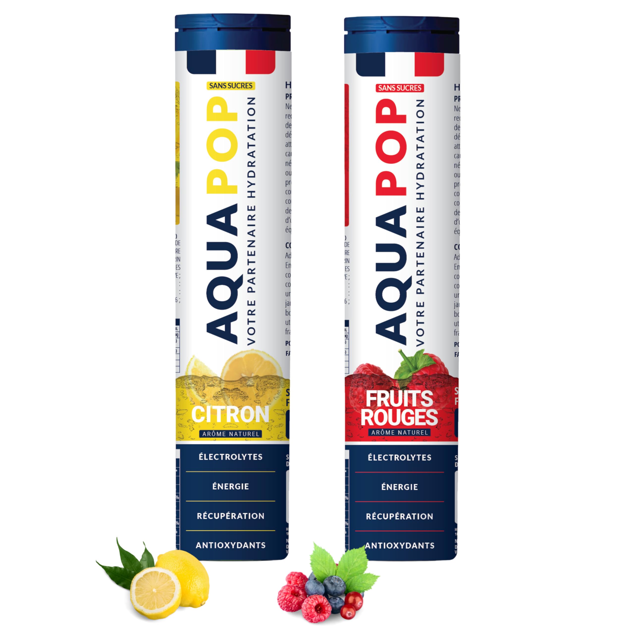 AQUAPOP - Pastilles électrolytes - Pack de 2 (Citron et Fruits Rouge) - Sans Sucres - Favorise l'hydratation et l'énergie - 20 Comprimés Minéraux et Vitamines - Sport & Bien-être - 2 Pack
