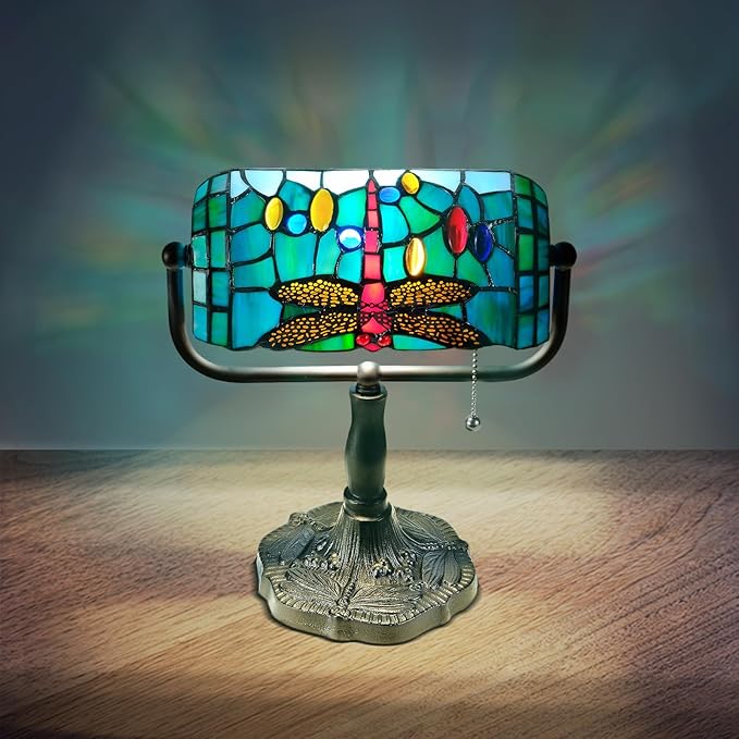 GlitzLamp Dragonfly Tiffany Style Stained Glass Banker Lamp with 10.5-inch Long Complicated Design Lampshade Resin Base for Living Room Bedside Home Decoration, Teal Green, 12.5-inch High