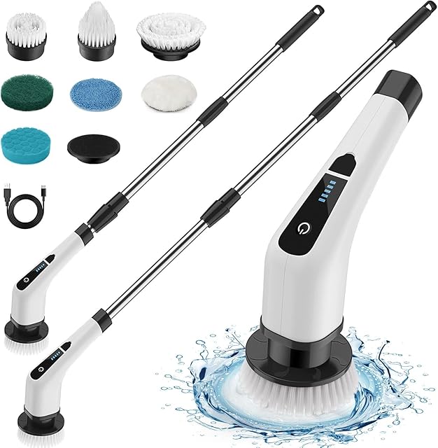 Electric Spin Scrubber, Cordless Cleaning Brush with 7 Replaceable Brush Heads & Adjustable Long Handle, Automatic Power Scrubber Mop Shower Cleaning Tool for Bathroom Tub, Floor, Tile, Kitchen, Car