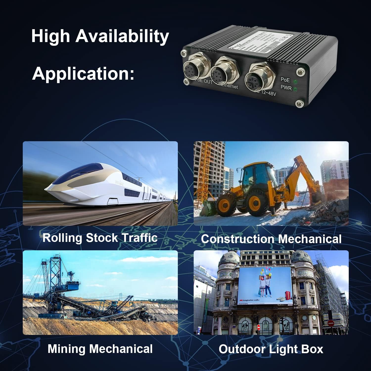 Hardened Industrial Gigabit PoE+ Injector M12 Interface 12-48VDC Input Support The PoE IEEE 802.3 af/at 30W Power Sourcing Equipment，Install in DIN- Rail or Wall Mount，Plug and Play