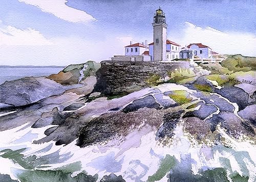 Beavertail Lighthouse Rhode Island - Impresiones artísticas de acuarela mate (5 x 7)