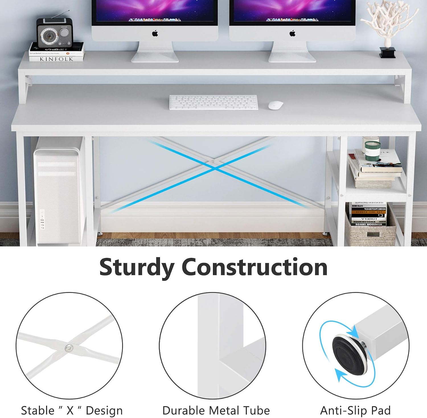 Tribesigns Computer Desk with Storage Shelves, 55 inch Large Modern Office Desk Computer Table Studying Writing Desk Workstation with Hutch for Home Office(White)