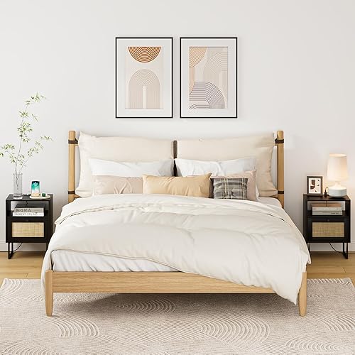 Miniatura 8 de Mesita de noche de ratán con estación de carga, mesita de noche moderna de mediados de siglo, mesita de noche de madera bohemia con almacenamiento y