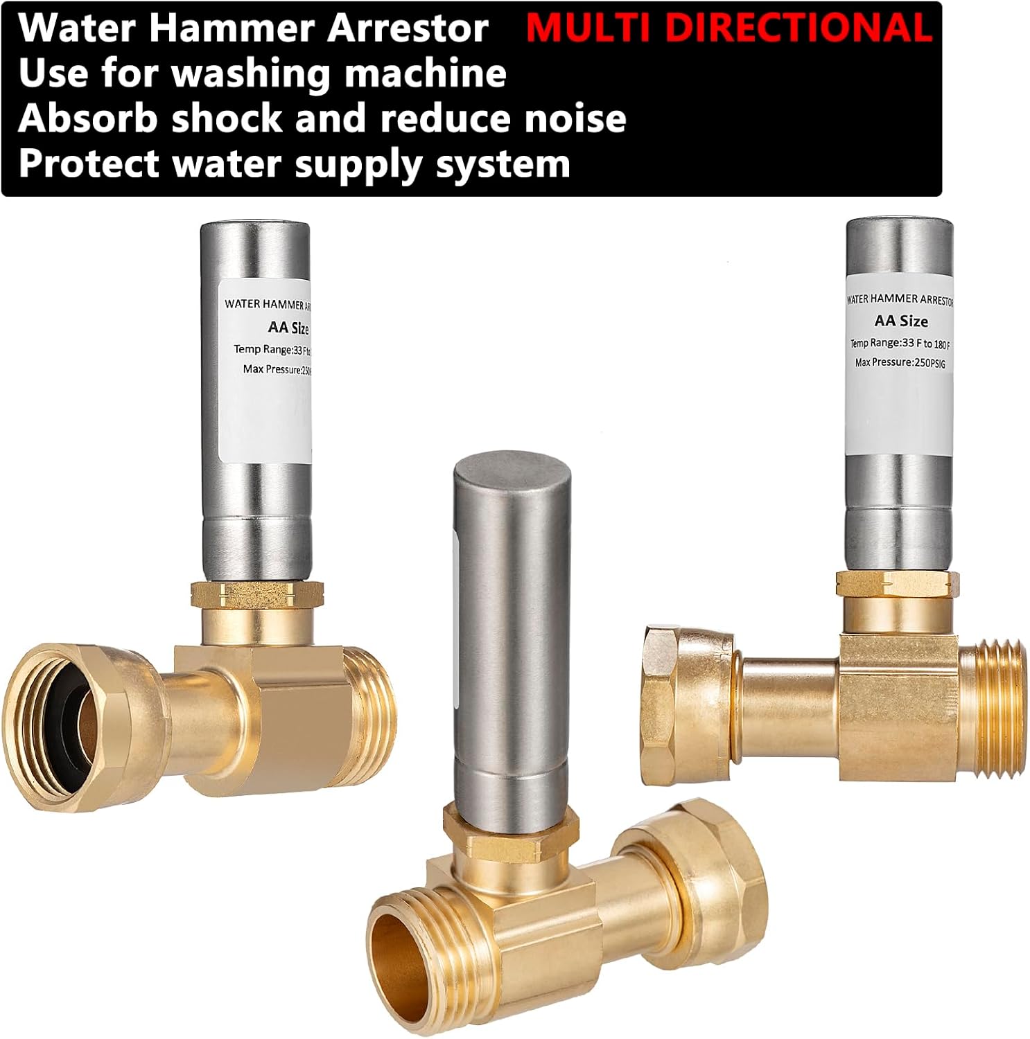 (2 Pack) Lidertik Water Hammer Arrestor for Washing Machine and 3/4 Inch Garden Hose, Stainless Steel Chamber and 2 More Washers, Absorb Shock and Reduce Noise LI-XYJSC-BXG-S(2 PCS)