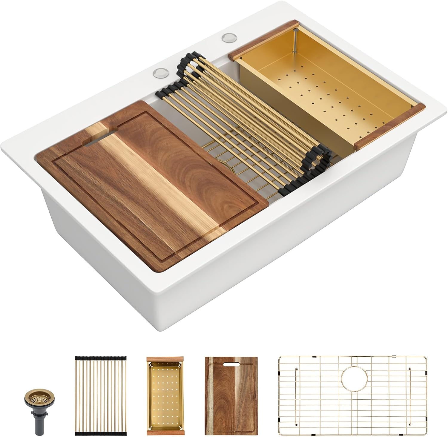 Dcolora 33 Inch White Quartz Kitchen Sink, Drop In Granite Composite Workstation Sink, Single Bowl Topmount Ledge Basin with Gold Accessories