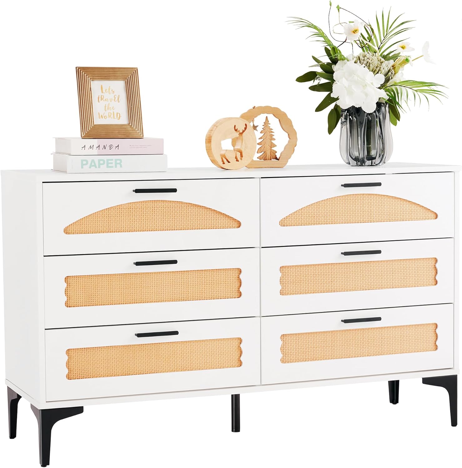 6 Drawer Double Dresser for Bedroom, Wood Rattan Dresser for Closet with Metal Handles, Boho TV Stand with Drawers, White Dressers & Chests of Drawers for Dressing Room, Hallway, Entryway 6 Drawers